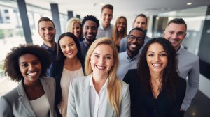 Group of diverse professionals smiling in an office setting, representing team collaboration in health insurance solutions.