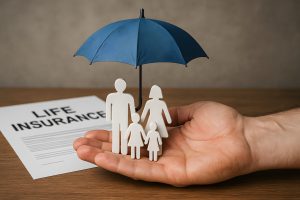 Hand holding paper cutouts of a family under a blue umbrella, with a life insurance document in the background, symbolizing protection and financial security for families through life insurance options.