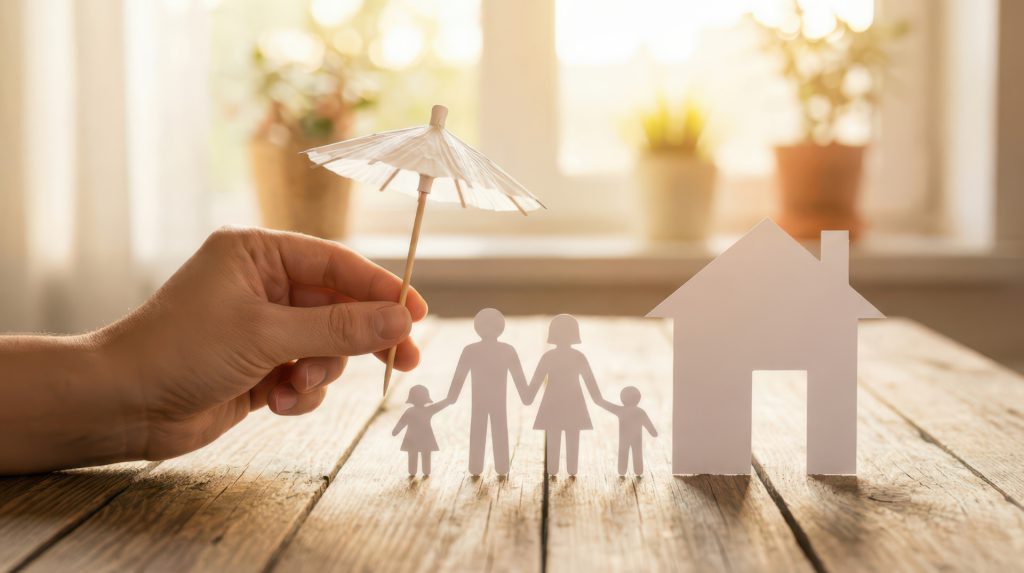 Hand holding a paper umbrella over paper cutouts of a family and a house, symbolizing protection and financial security in life insurance.