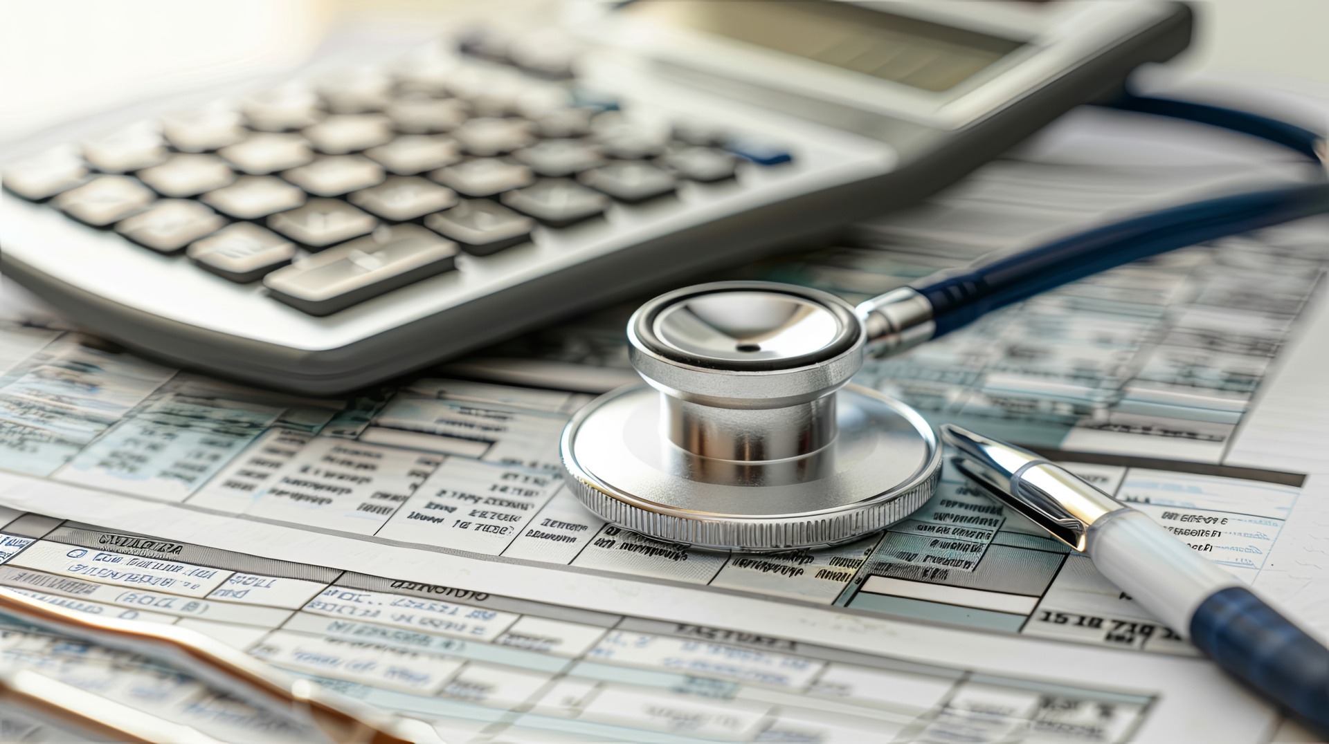 Calculator, stethoscope, and pen on health insurance paperwork illustrating Medicare cost analysis and financial planning.