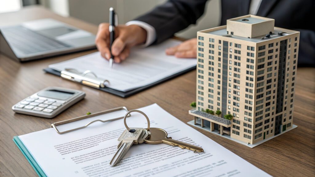 man writing next to a miniature building and keys