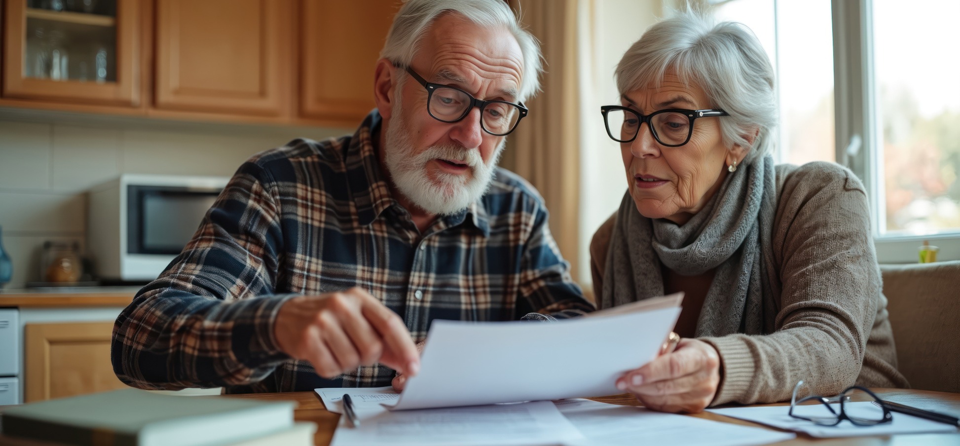 Elderly couple reviewing retirement tax planning documents at a kitchen table, emphasizing financial strategies for maximizing savings and minimizing taxes.