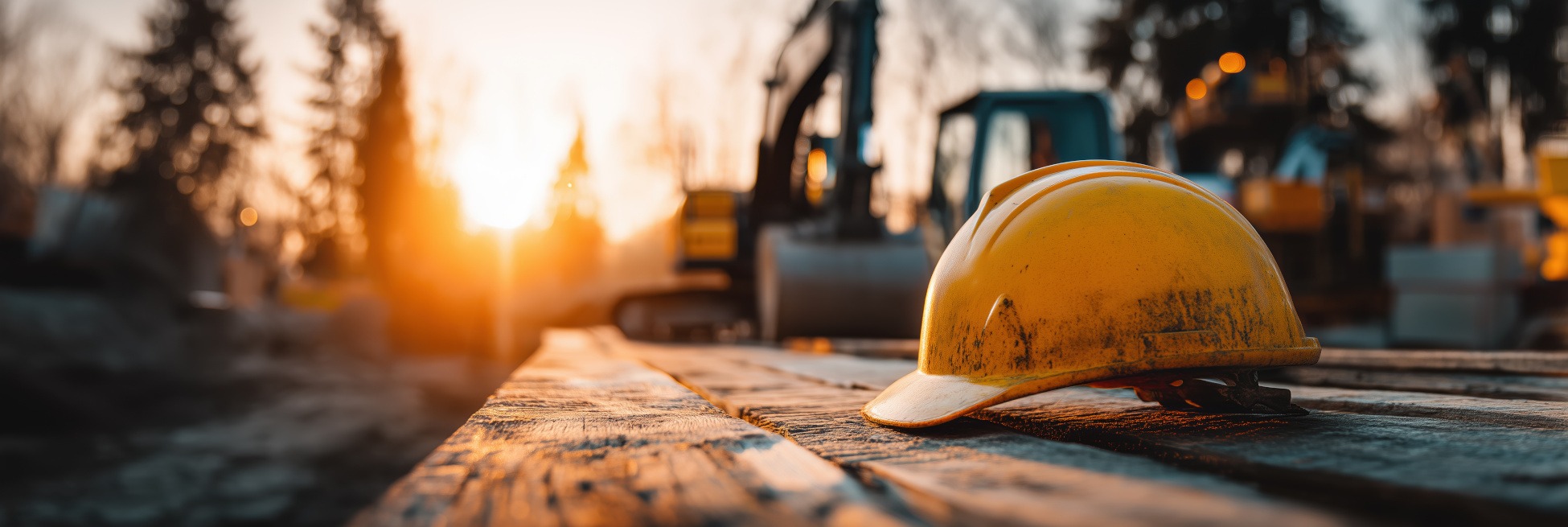 Construction safety helmet on wooden surface at sunset, symbolizing workers' compensation insurance and workplace safety.