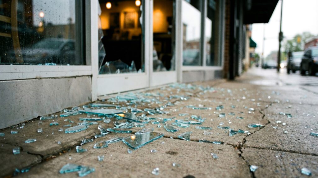 business broken into. Glass on the side walk