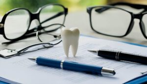 Glasses, dental model, and pens on paperwork, symbolizing group dental and vision benefits for employees.