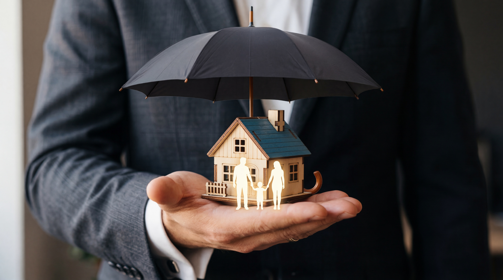 Hand holding a model house under a black umbrella, symbolizing family protection and insurance coverage options.