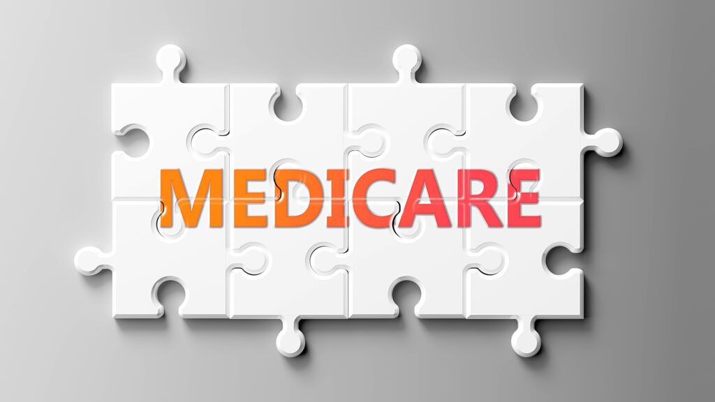 Puzzle pieces with the word "MEDICARE" prominently displayed, symbolizing health insurance and financial planning services related to retirement.