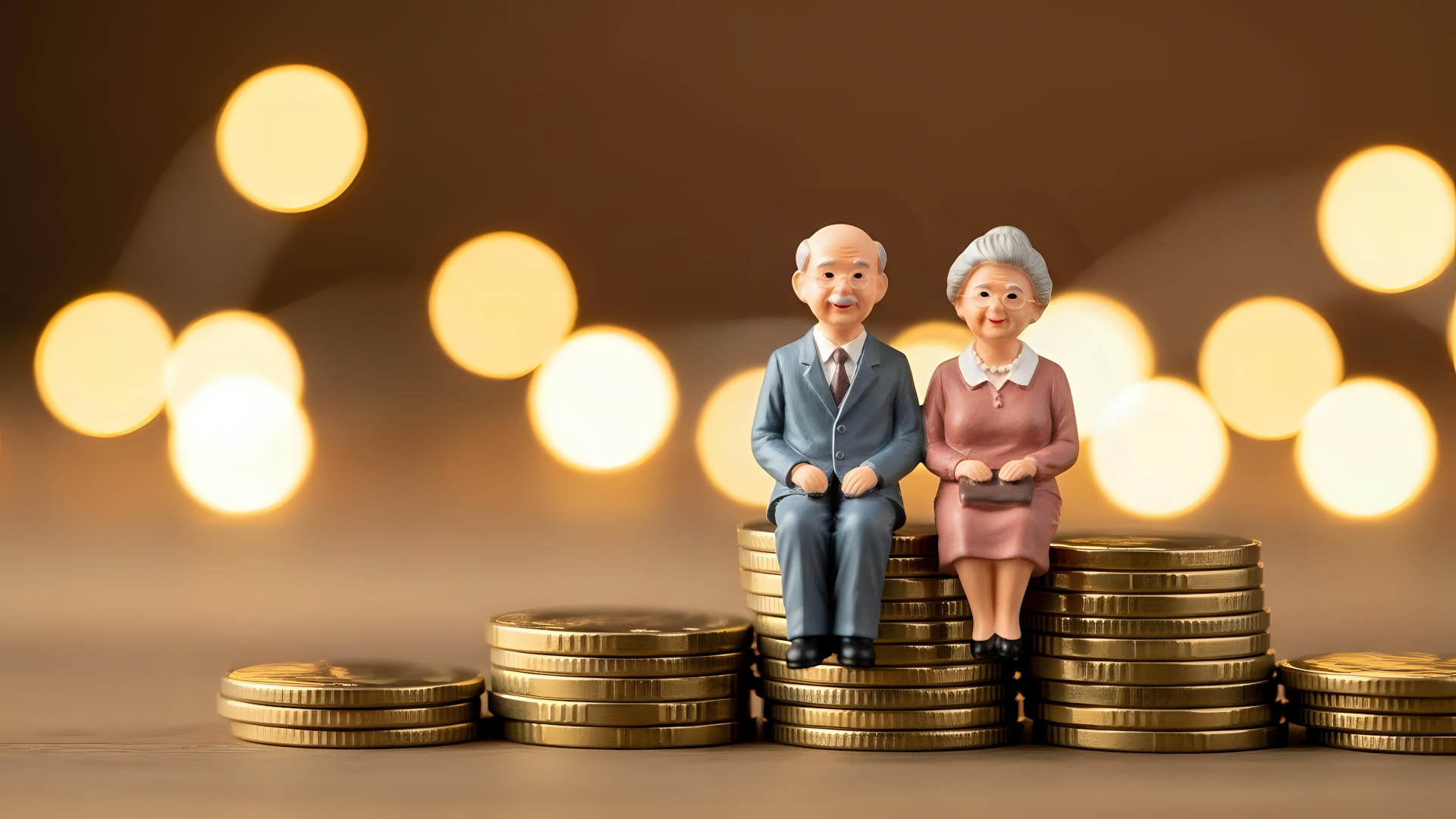 Elderly couple figurines sitting on stacks of coins, symbolizing financial planning and maximizing Social Security benefits for retirement.