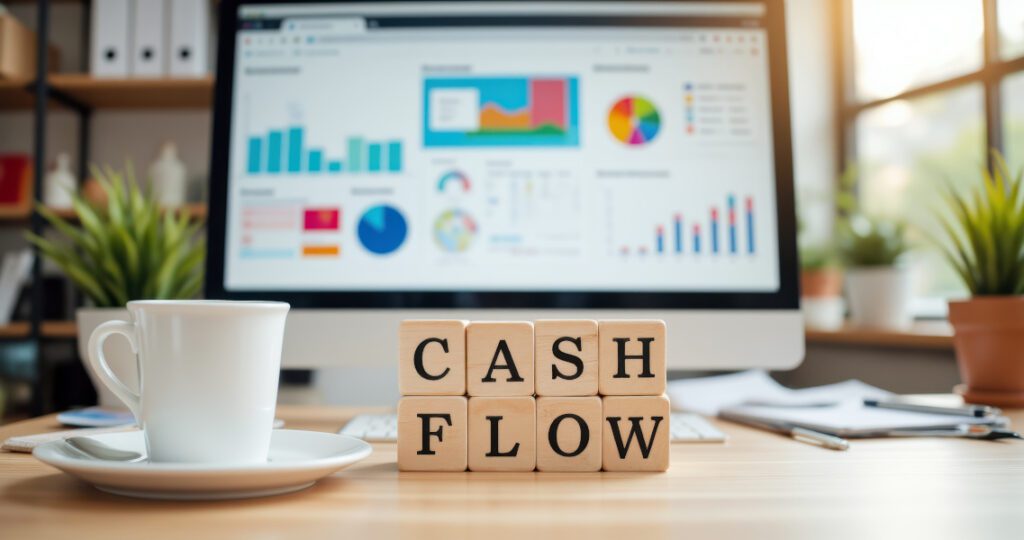monitor in background with charts with a coffee cup and blocks arranged to say cash flow