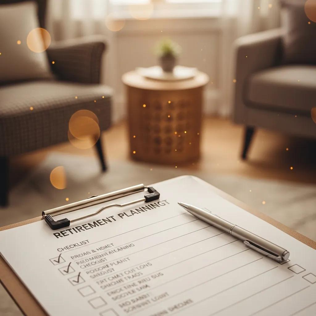 Close-up of a retirement planning checklist on a clipboard in a cozy living room setting, highlighting financial planning