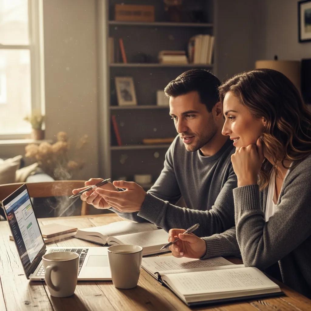 Couple discussing wealth management strategies at a dining table, emphasizing collaboration in financial planning