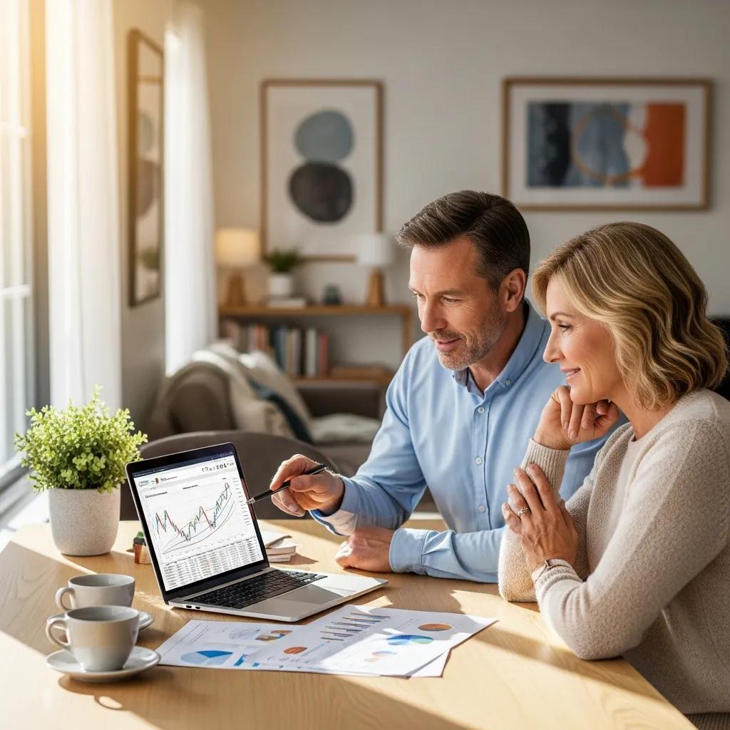 Couple reviewing investment portfolio at a dining table