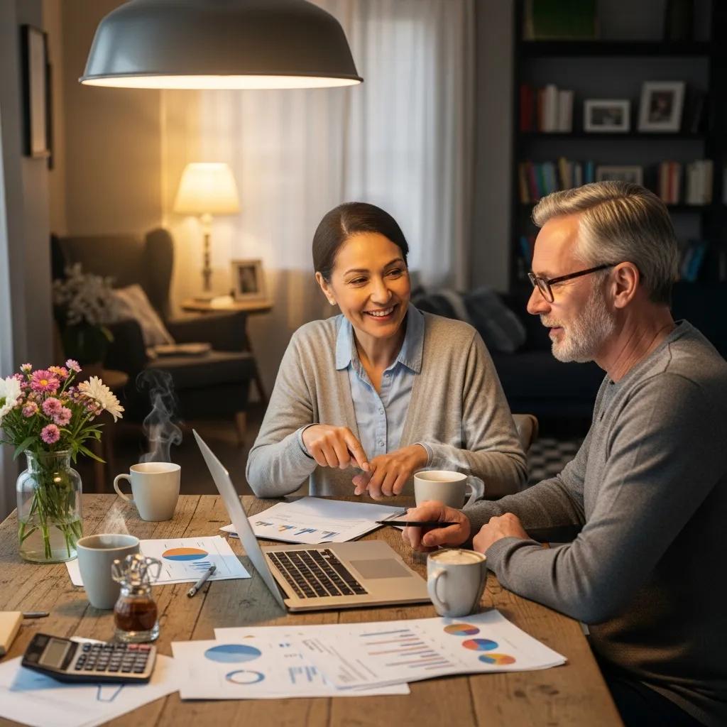 Couple reviewing retirement plans at home, reflecting on their financial future