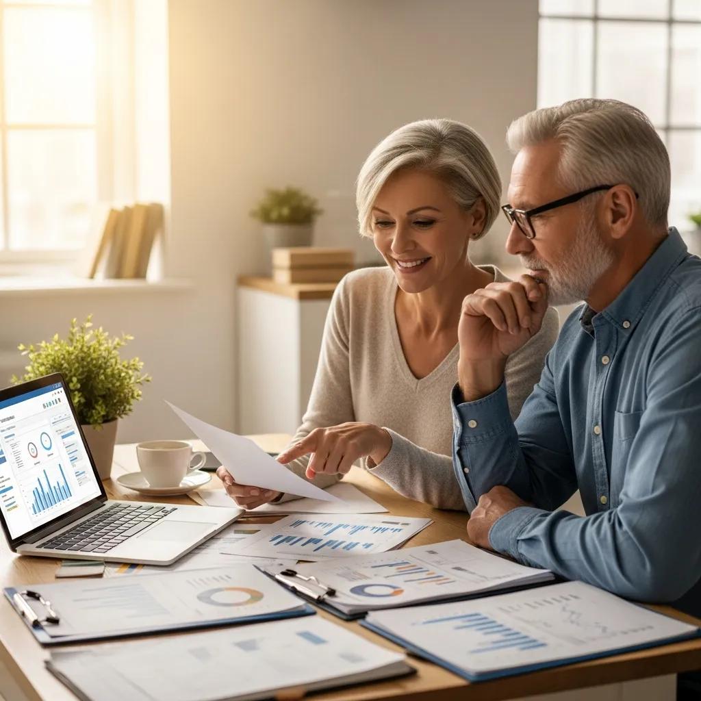 Couple reviewing retirement plans at home with financial documents