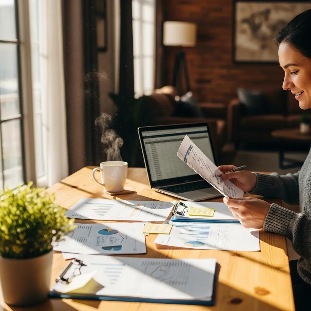 Cozy workspace with a person reviewing financial documents and a laptop, emphasizing personal finance management