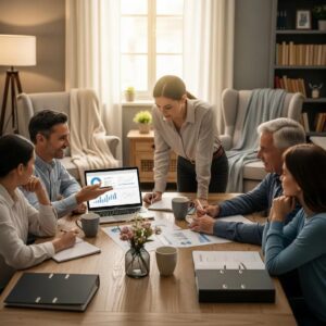 Diverse group discussing financial planning in a cozy setting