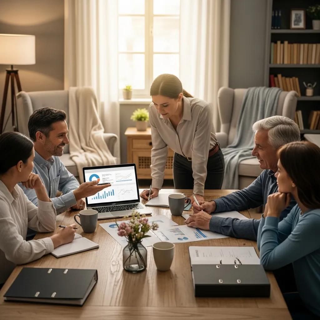 Diverse group discussing financial planning in a cozy setting