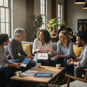 Diverse group of employees discussing group retirement plans in a modern office