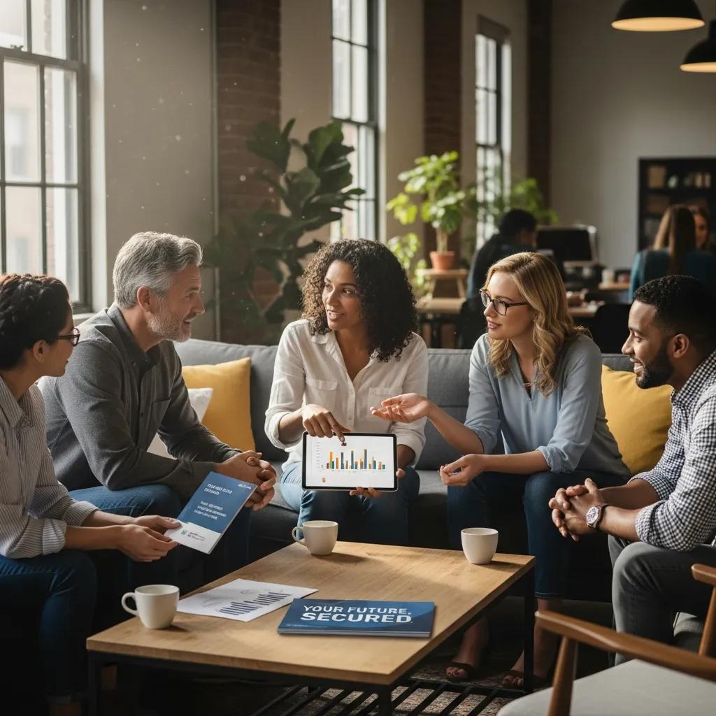 Diverse group of employees discussing group retirement plans in a modern office