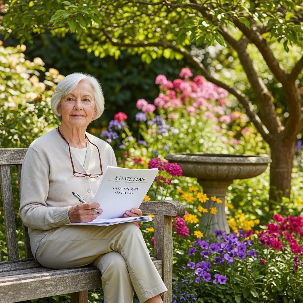 Elderly person reviewing estate planning documents in a garden