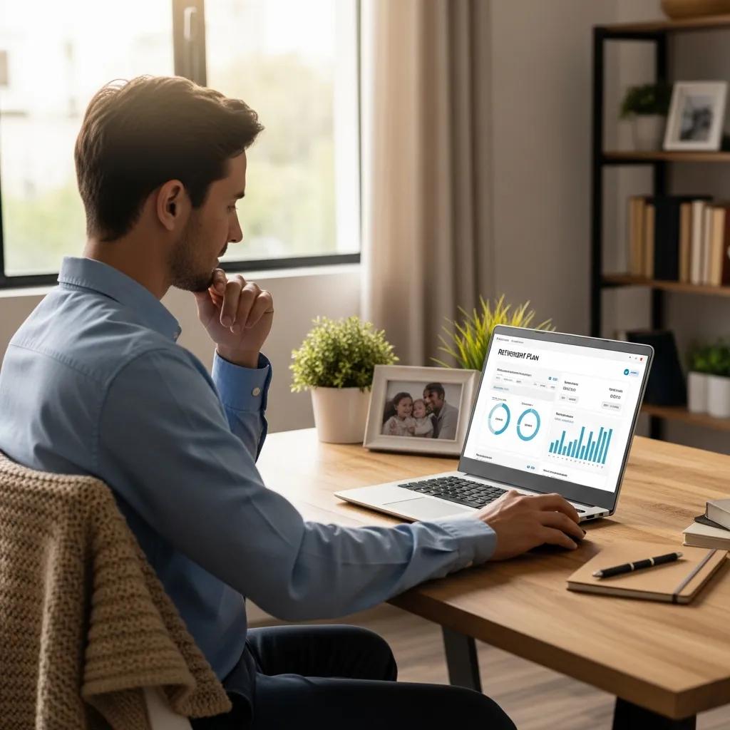 Employee reviewing retirement plan options in a cozy home office