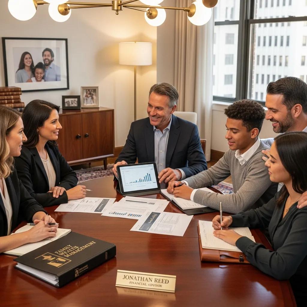 Family consulting with a financial advisor in a comfortable family office setting