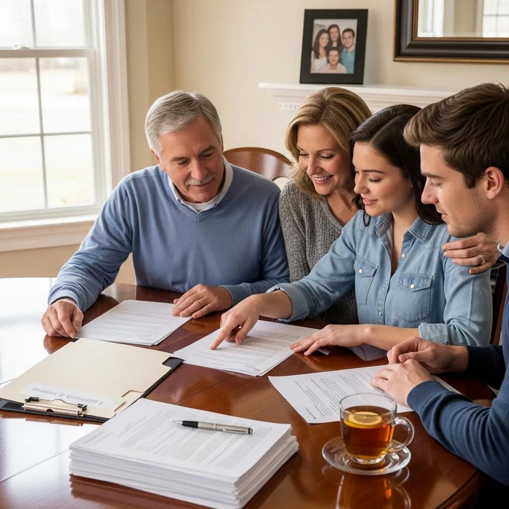 Family discussing estate planning documents in a warm, inviting environment