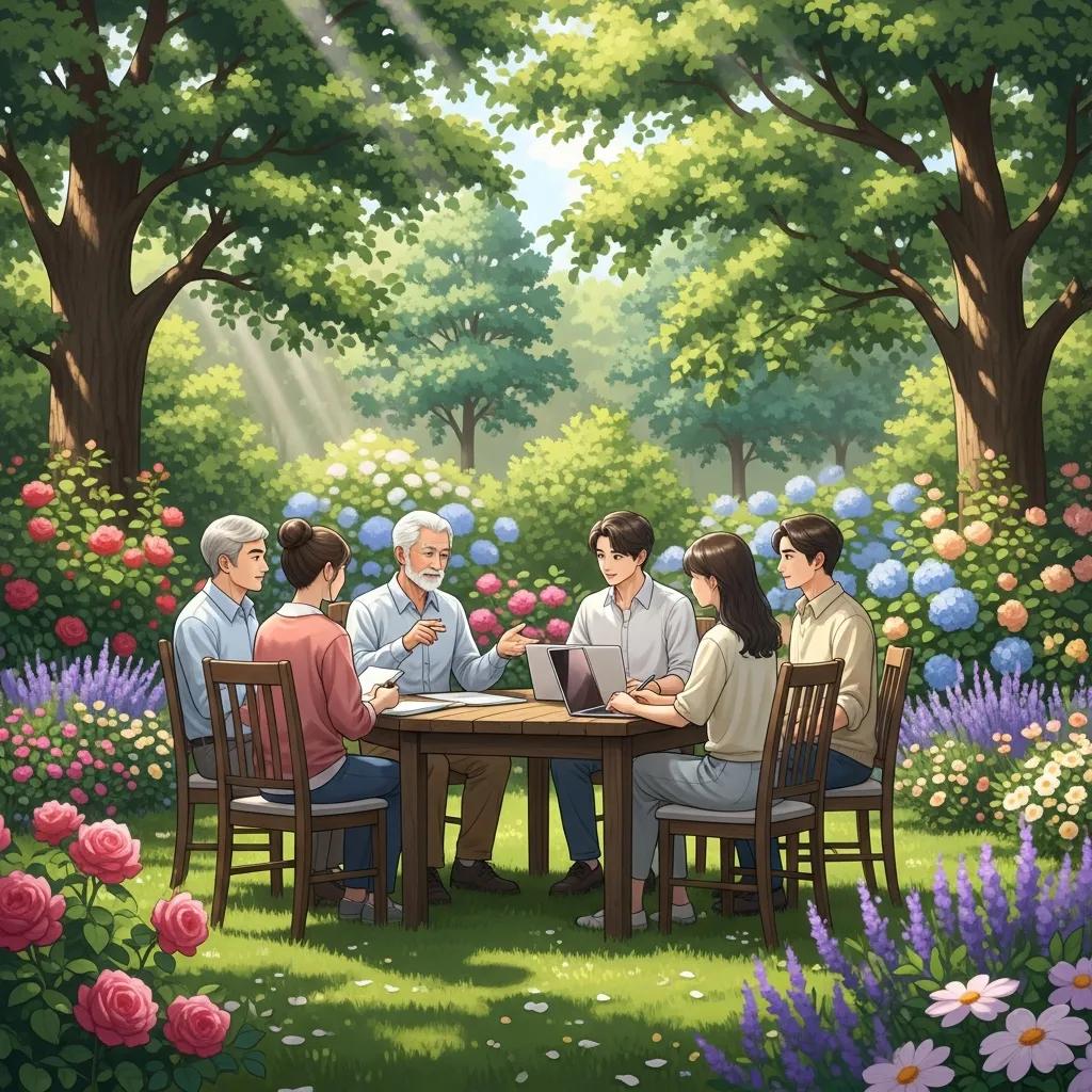 Family discussing estate planning in a serene garden setting