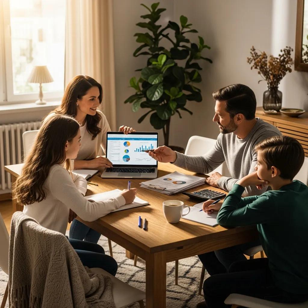 Family discussing financial life planning with documents and a laptop