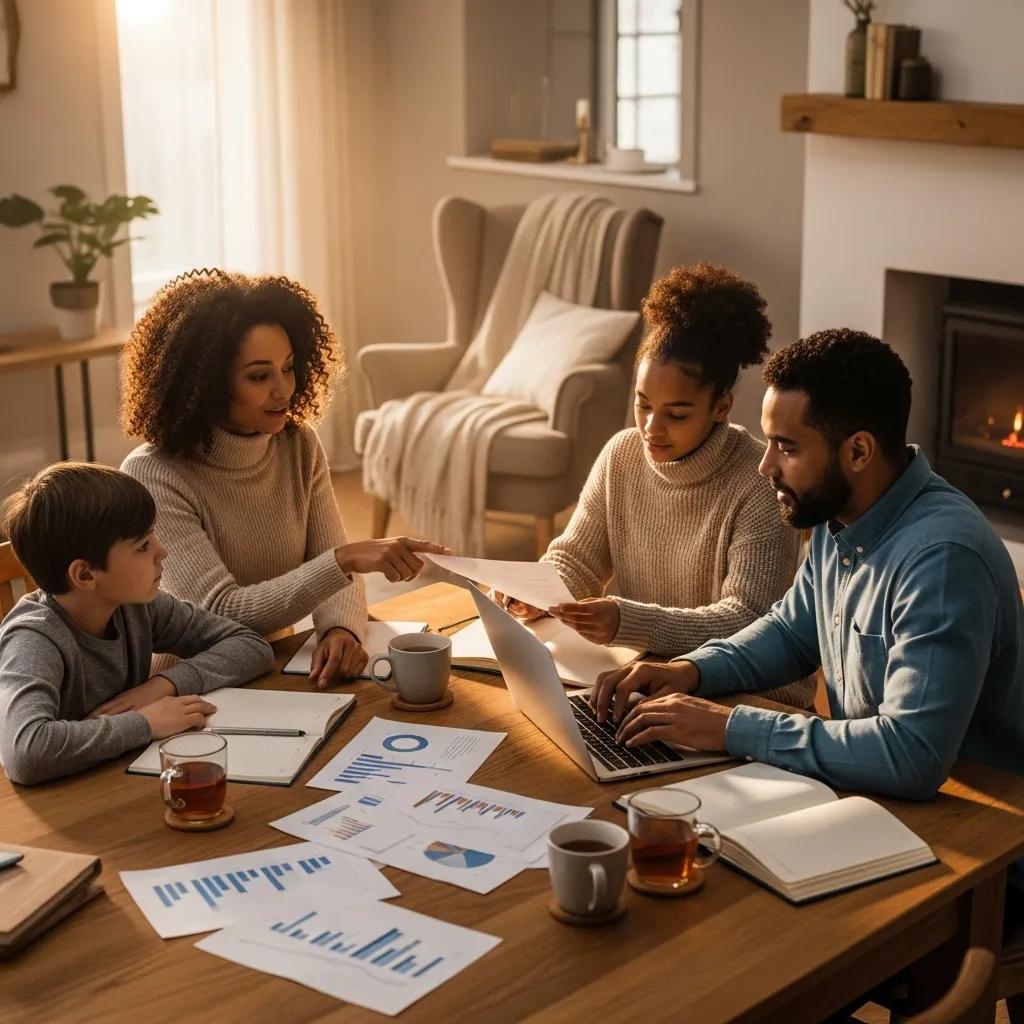 Family discussing financial planning at a cozy table with documents and a laptop