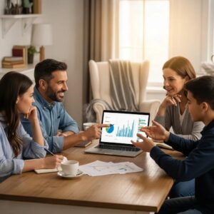 Family discussing financial planning in a cozy setting, emphasizing wealth management