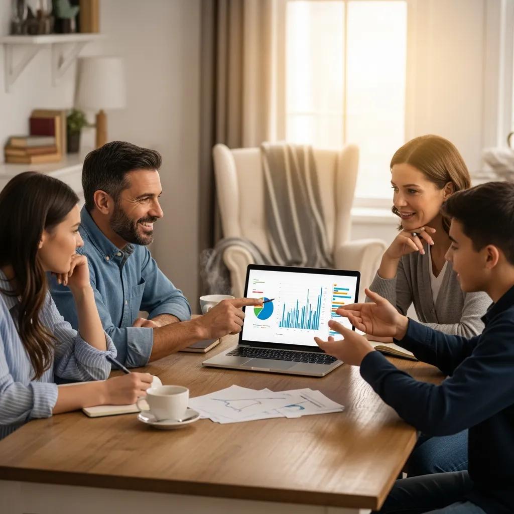 Family discussing financial planning in a cozy setting, emphasizing wealth management