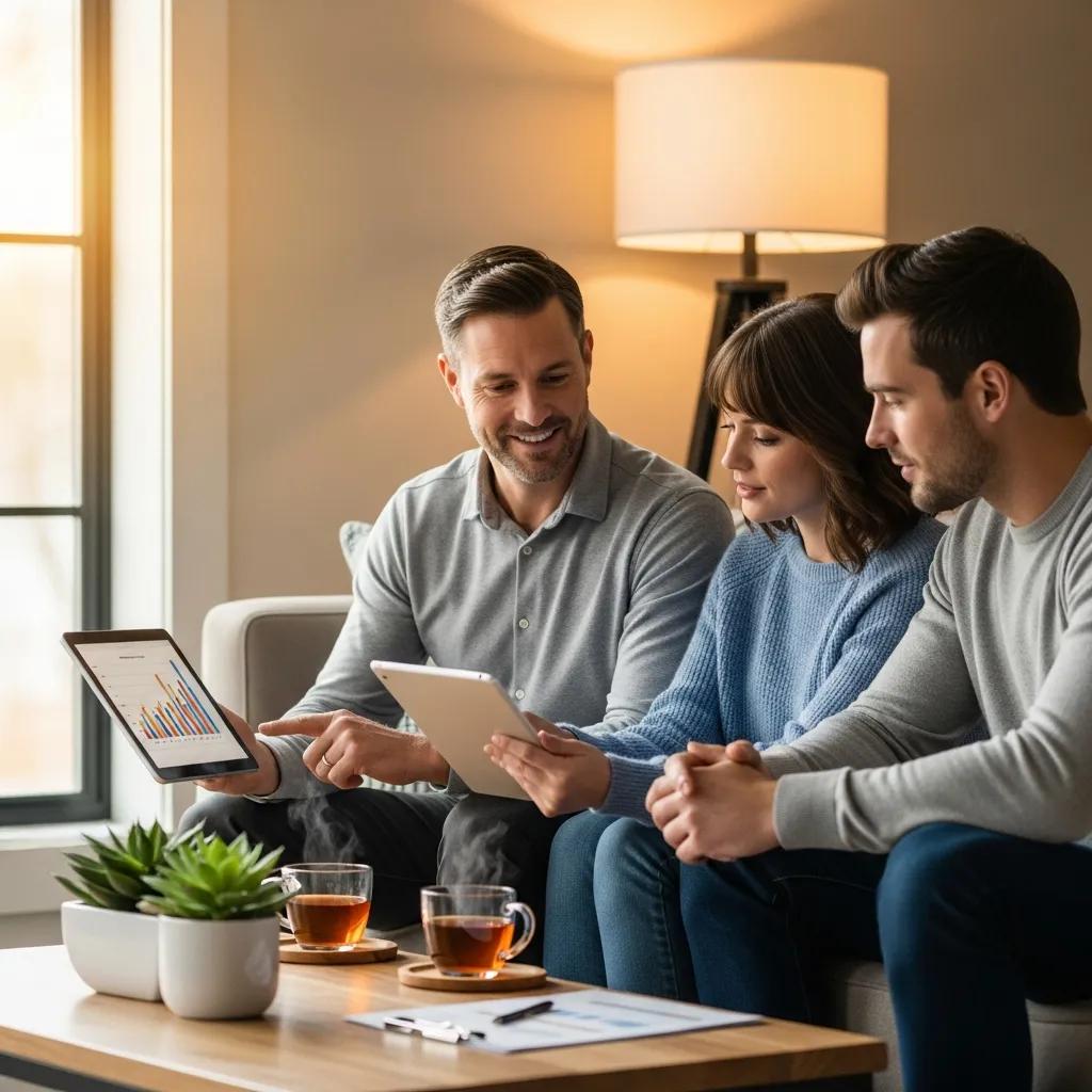 Fiduciary financial advisor explaining investment options to a couple in a relaxed and inviting setting