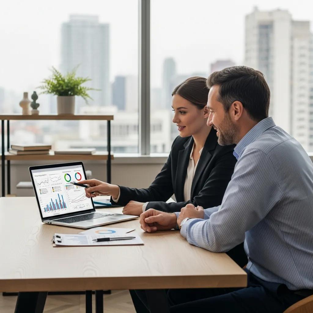 Financial advisor analyzing investment portfolio data with a client