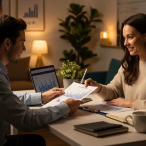 Financial advisor and client discussing financial planning in a cozy setting