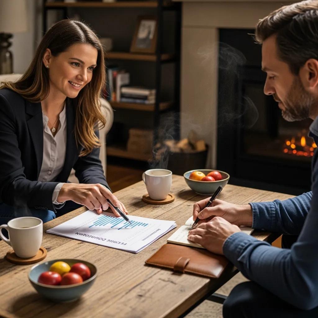 Financial advisor and client reviewing fee structure documents in a cozy home setting