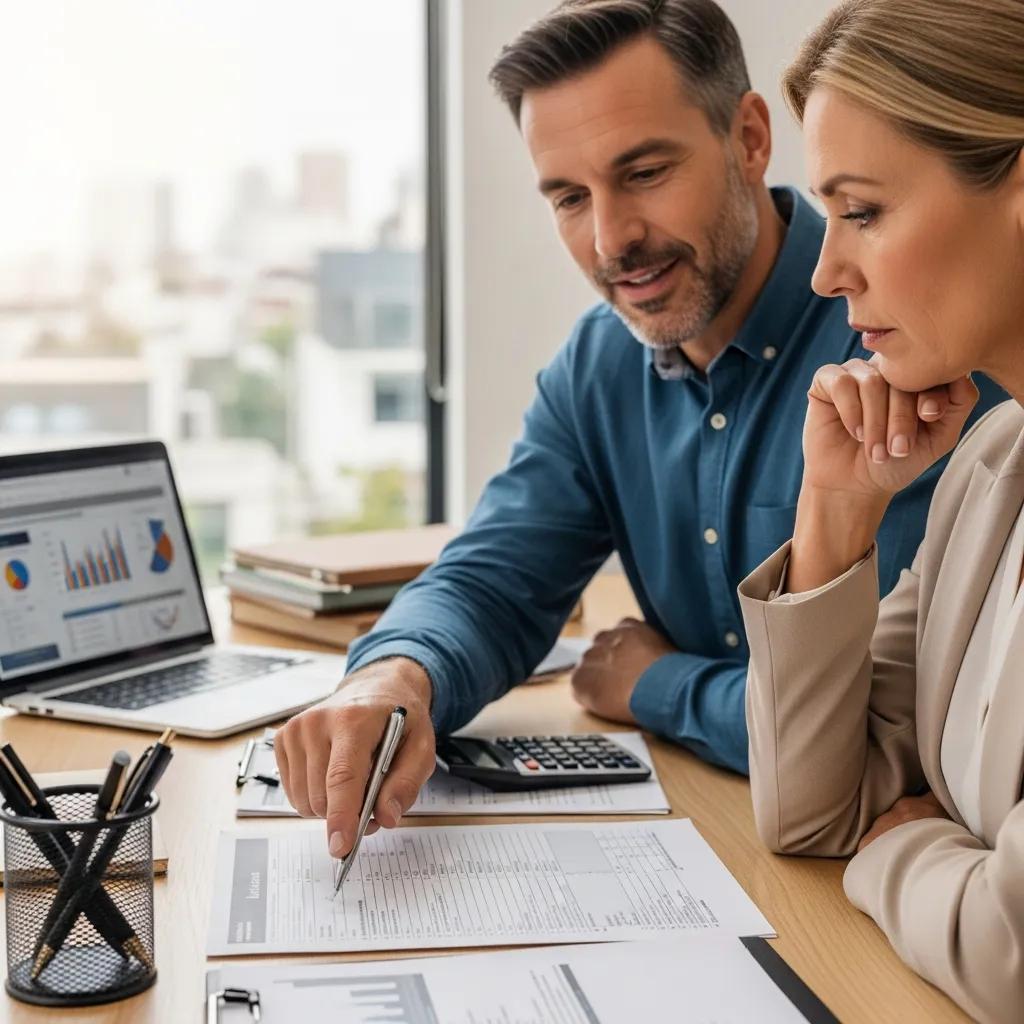 Financial advisor and client reviewing tax documents at a modern desk