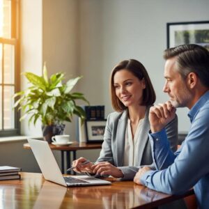 Financial advisor consulting with a client in a cozy office setting