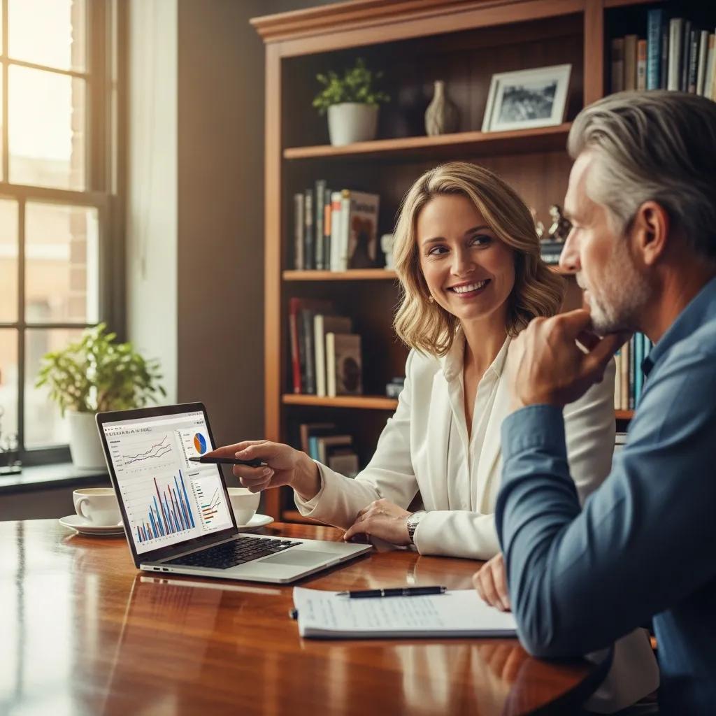 Financial advisor discussing investment management strategies with a client in a comfortable office