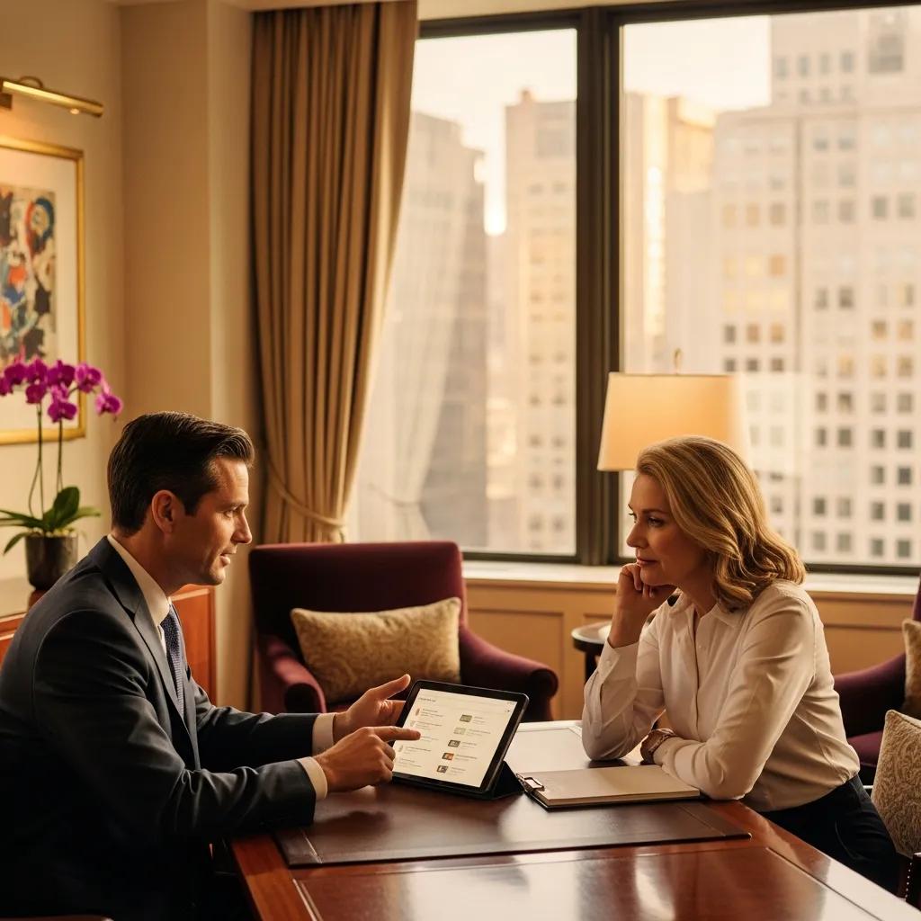 Financial advisor discussing wealth management strategies with a client in a luxurious office, tablet displaying financial data, city skyline visible through window.