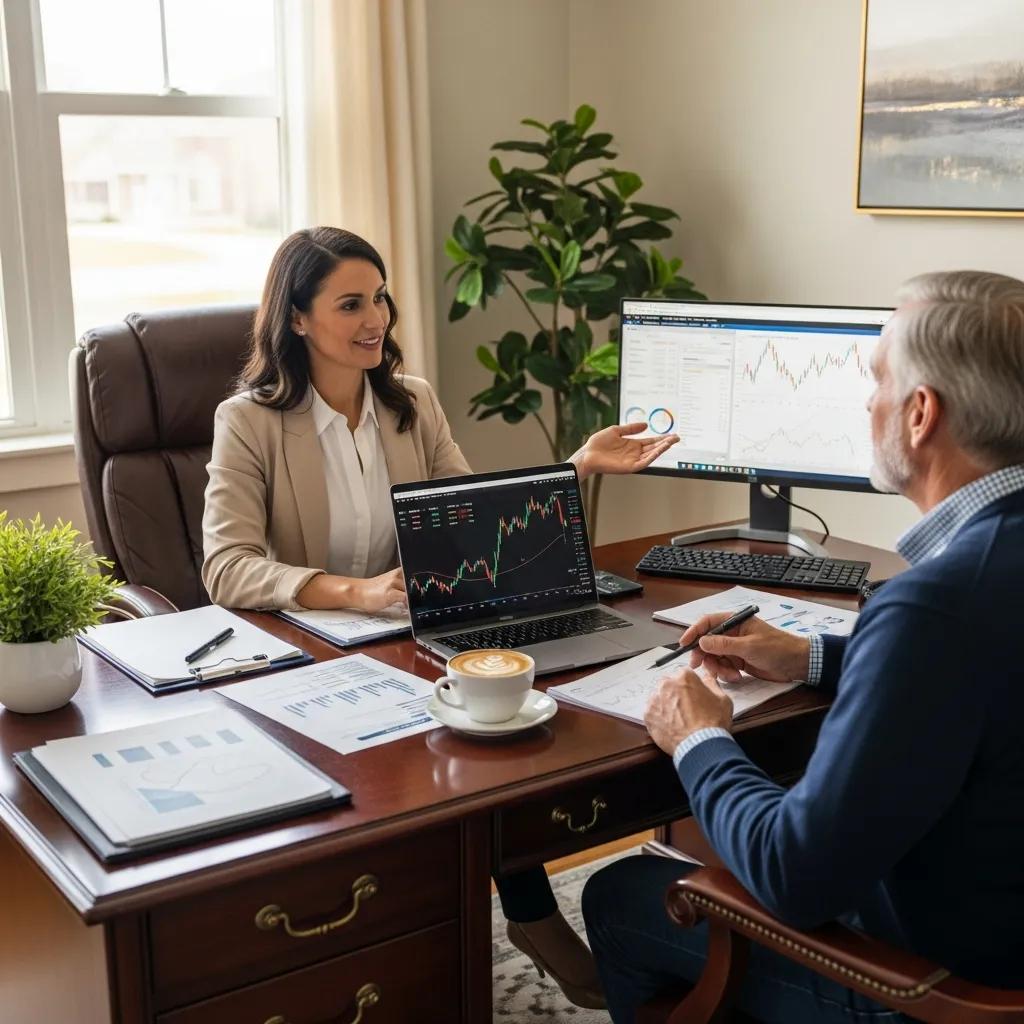 Financial advisor discussing wealth planning with a client in a cozy office setting