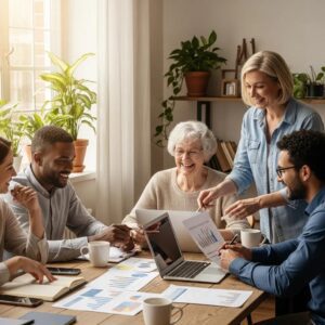 Group of diverse individuals discussing financial planning in a cozy setting
