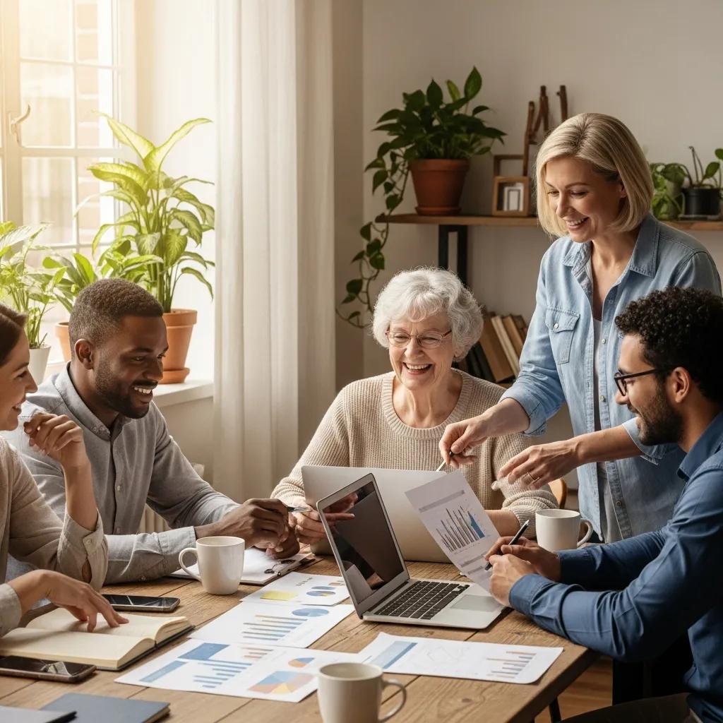 Group of diverse individuals discussing financial planning in a cozy setting
