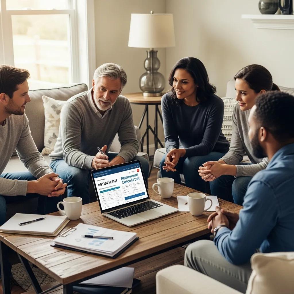 Group of people discussing retirement planning in a cozy living room