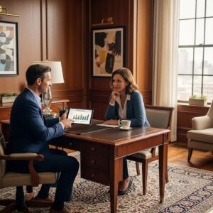 High net worth financial advisor consulting with a client in a luxurious office