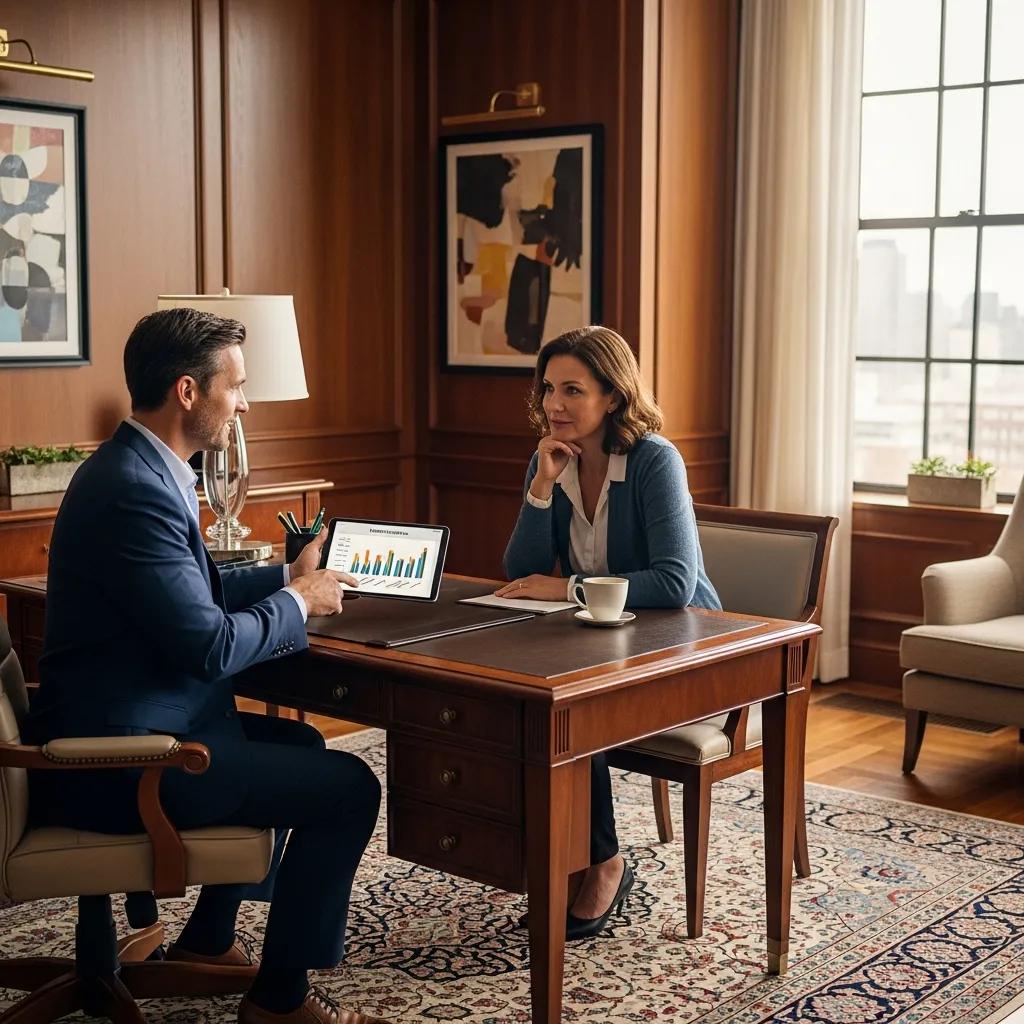 High net worth financial advisor consulting with a client in a luxurious office