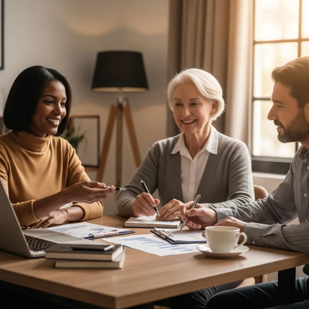 High net worth individuals discussing financial planning with an advisor in a cozy office setting