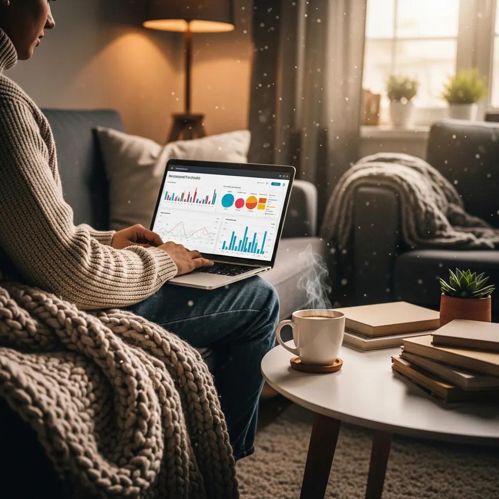 Individual reviewing investment portfolio on a laptop with coffee in a cozy home setting