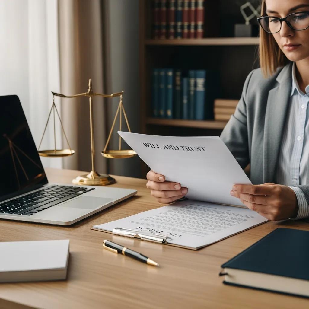 Individual reviewing will and trust documents in a home office setting