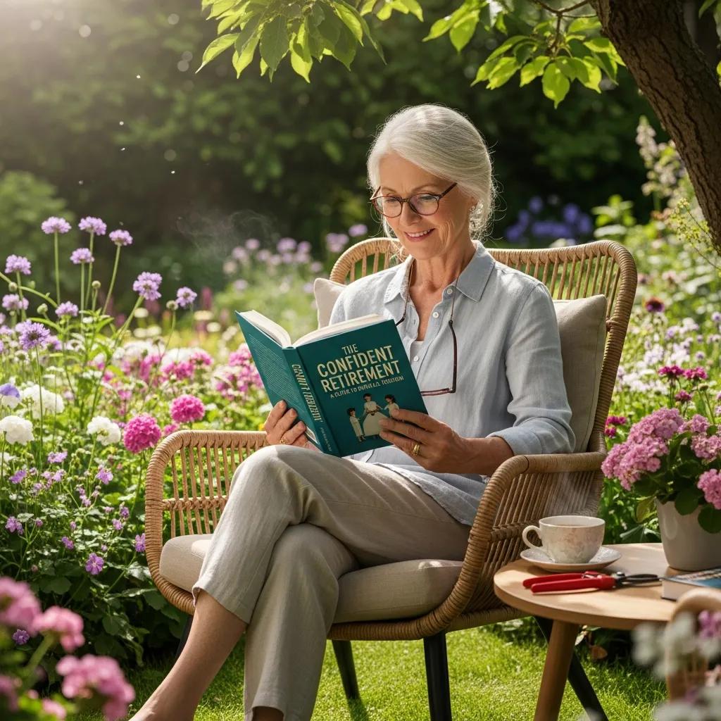 Older adult reading a financial planning book in a garden